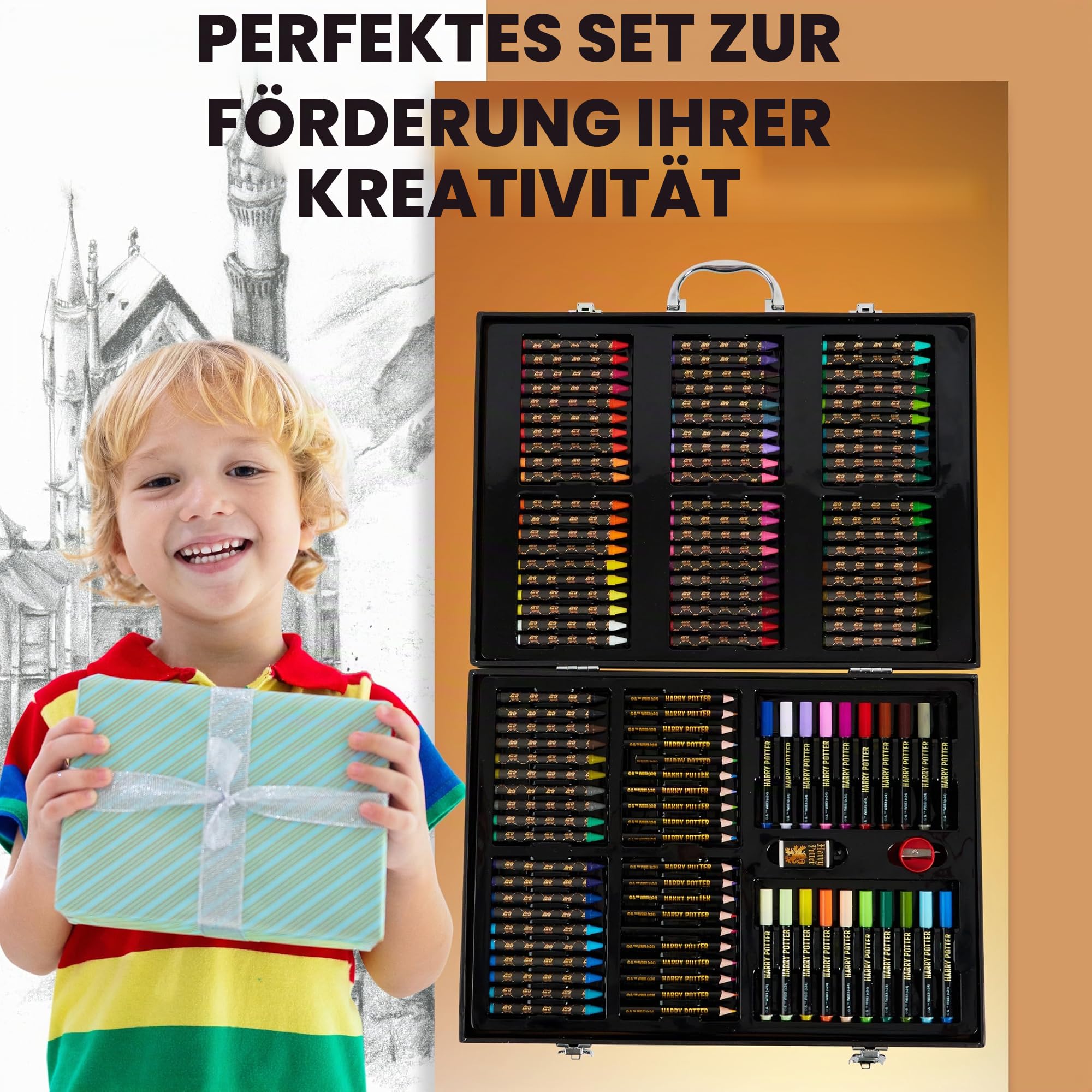 Harry Potter Malkoffer, Malset für Kinder mit Wachsmalstifte, Buntstifte, Filzstifte und Reisekoffer, Geschenke für Kinder (Schwarz)