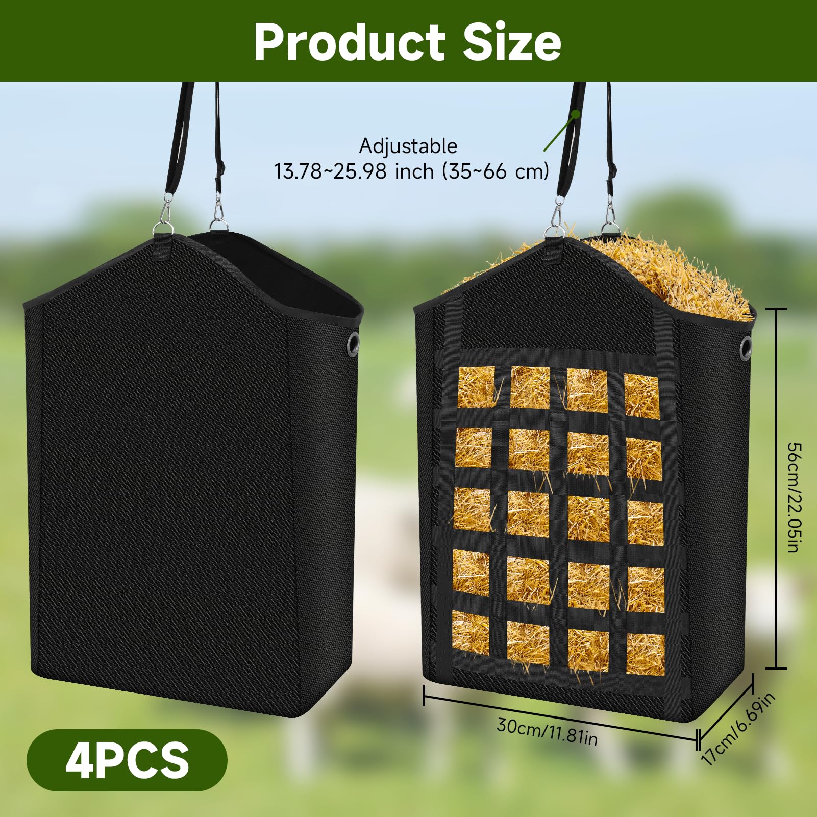 Hay Bags for Horses, 4pcs Slow Feed Hay Bags for Horses, Goats, Sheep, Donkey, Premium Oxford Hay Feed Bags with Front Hay Nets Design, Easy to Fill and Hang with Large Opening for Easy Filling