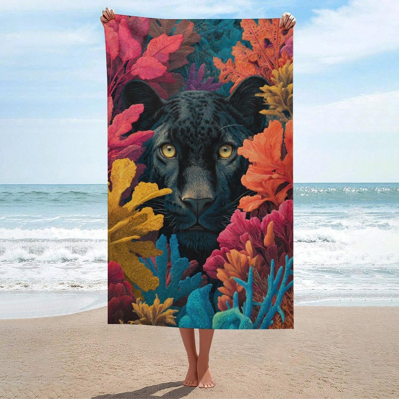 LSRCPD Beautiful Panther Colorful Jungle Leaves Flowers Beach Towel Sand Free Microfiber Large Shower Towels Multipurpose Absorbent for Bathroom Pool 130x80 CM