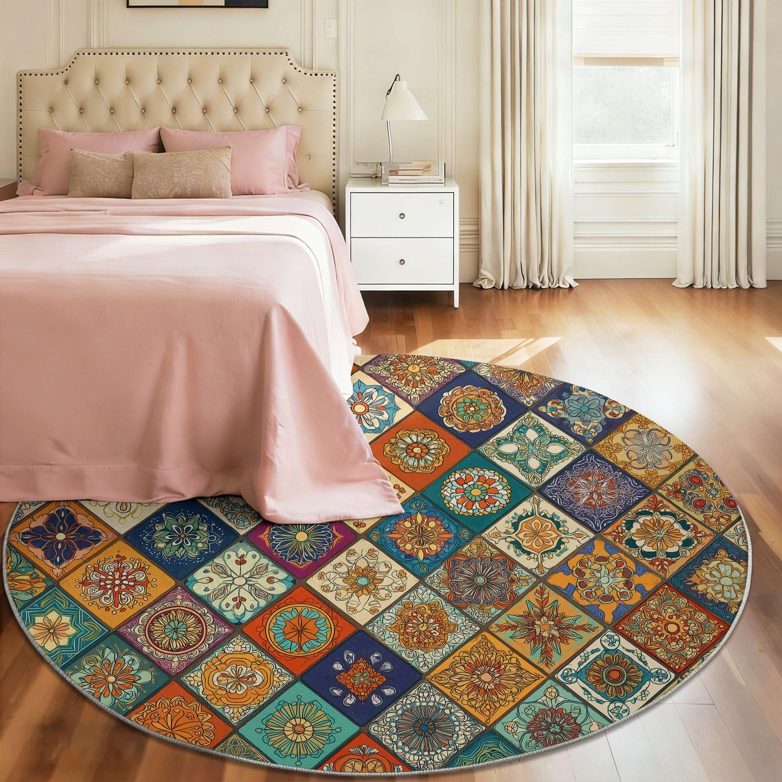 Tappeto rotondo lavabile, 160 cm, stile marocchino, geometrico, con piastrelle, fiori, mandala, rombi, per camera da letto, a pelo corto, antiscivolo, per sala da pranzo, cameretta dei bambini