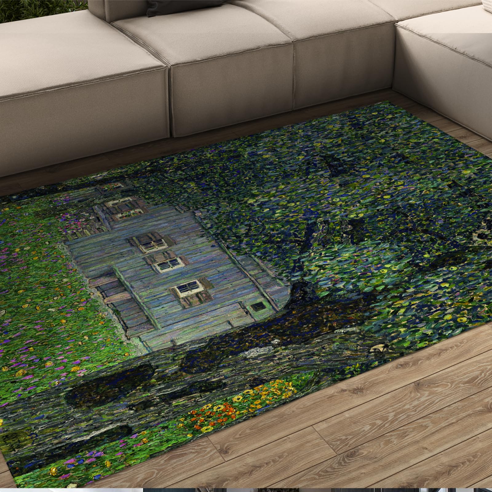 Tapis Klimt Ferme en Haute-Autriche vert | Grand tapis à poils courts 150x240cm