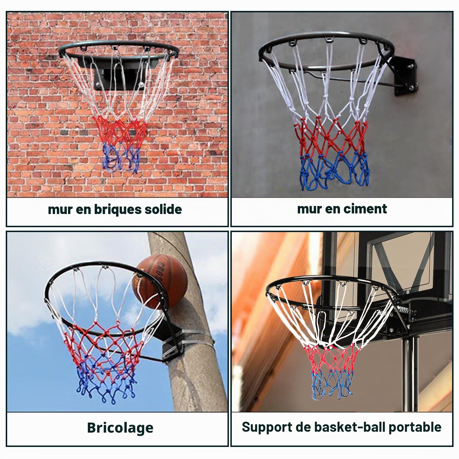 Dripex Panier de basketball massif Ø45 cm avec filet de basketball, montage mural avec anneau en acier, panier de basketball pour intérieur et extérieur (Noir)
