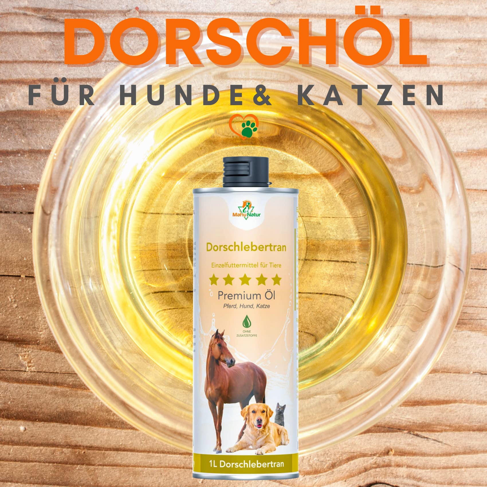 Dorschlebertran Für Hunde & Katzen 1 Liter I Natürlicher Barf Öl Zusatz - Dorschöl Für Hunde Mit Viel Omega 3 (EPA + DHA) & Vitaminen I In Recyclebarer Dose