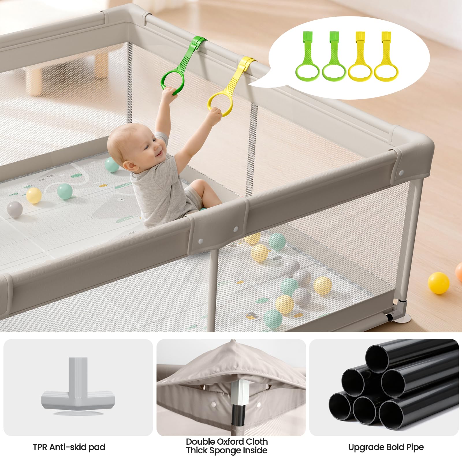 Parque Infantil para Bebé 150x150cm, Corralito Bebe con Alfombra de Juegos Gruesa Plegable y 4 Anillas