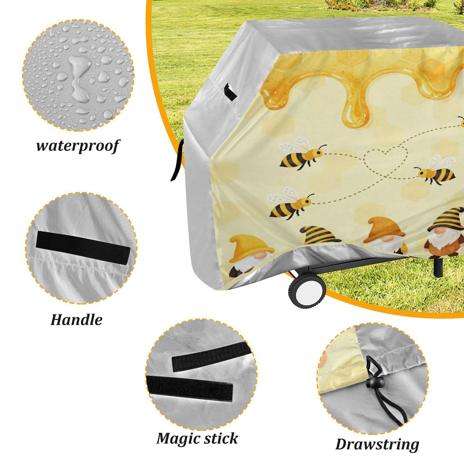 Copertura per barbecue 165 pollici resistente alla neve per barbecue all'aperto copertura carino gnomi divertente Halloween Bumble Bee gnomi