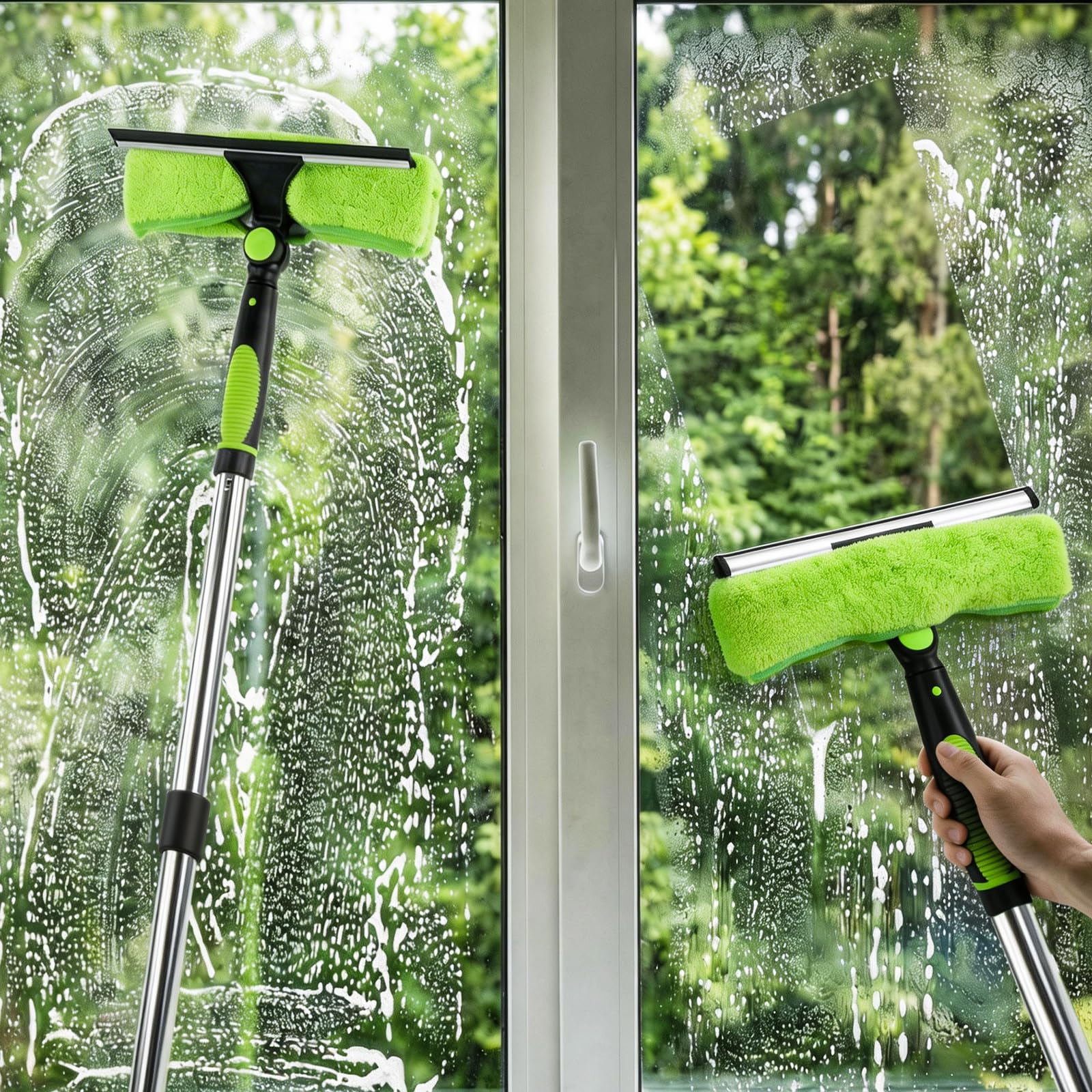 CLOPAE 3M Limpia Cristales con Mango Extensible, 2 en 1 Limpiador de Cristales con 400ML Limpia Ventanas, Kit Limpiacristales Profesional para Ducha Cristal Espejo Puerta Coche
