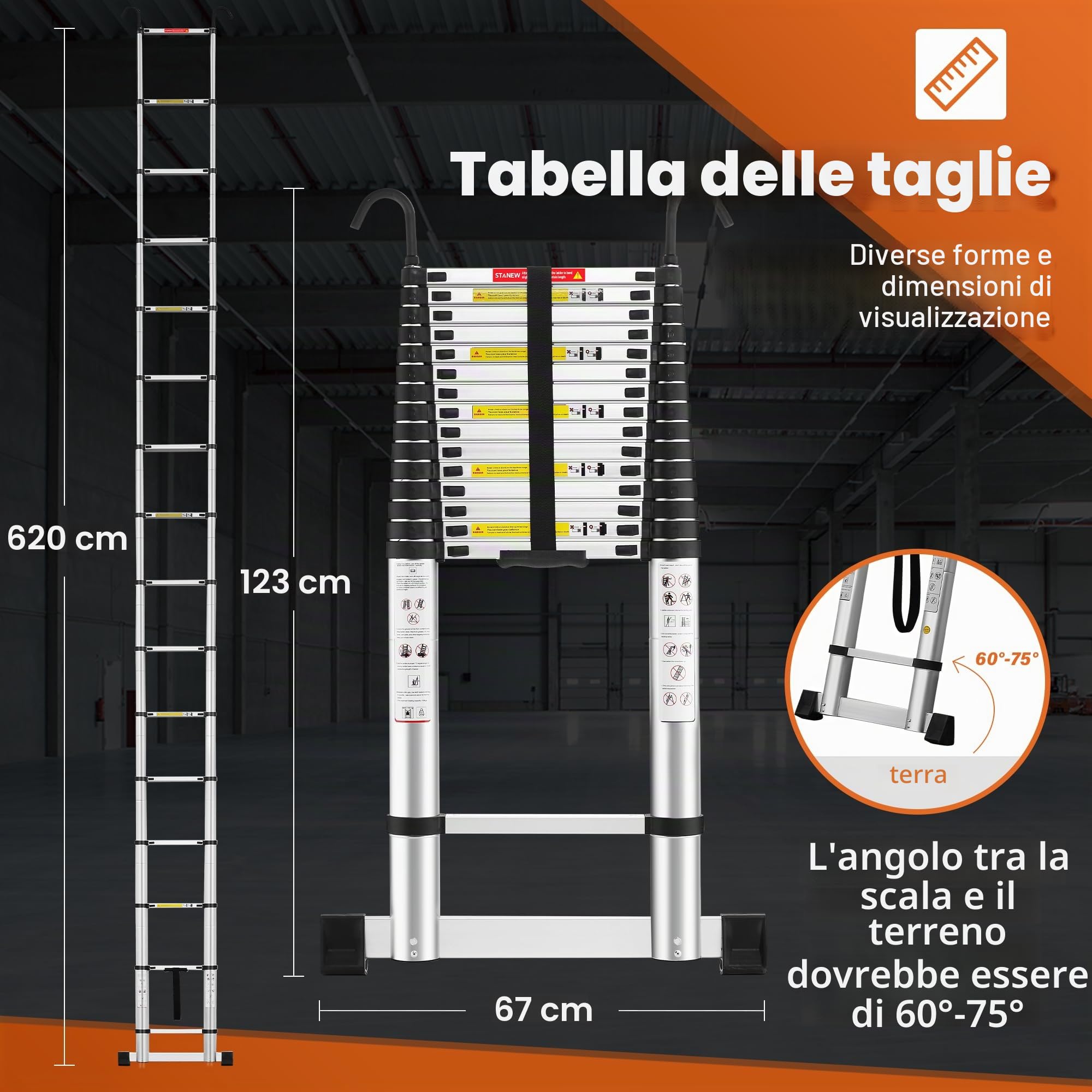 TEENO Scala Telescopica 6,2 M, Scala Telescopica in Alluminio con Barra Stabilizzatrice e Gancio Rimovibile, Scala Pieghevole Portatile per Riparazioni Domestiche, Carico Max 150 KG