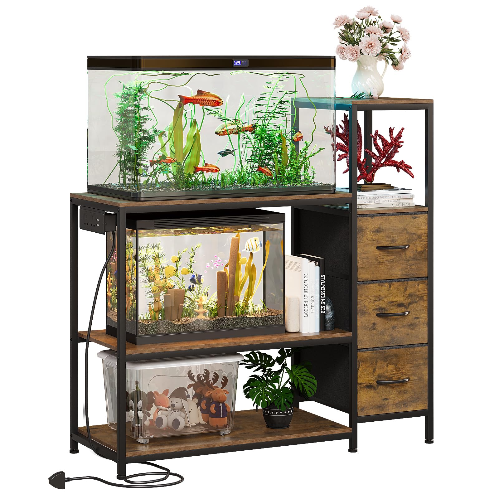VEDECASA Support d'aquarium avec prises de courant, armoire d'aquarium avec 3 tiroirs en tissu et étagères de rangement à 3 niveaux, cadre en métal robuste, marron rustique, 78 l