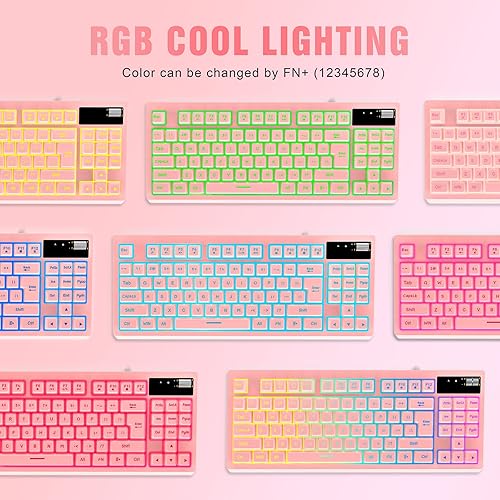 Miniatura 4 de KOLMAX HUNTER Combo de teclado y mouse RGB rosa para juegos, teclado para juegos de 87 teclas con cable con retroiluminación RGB, sensación mecánica