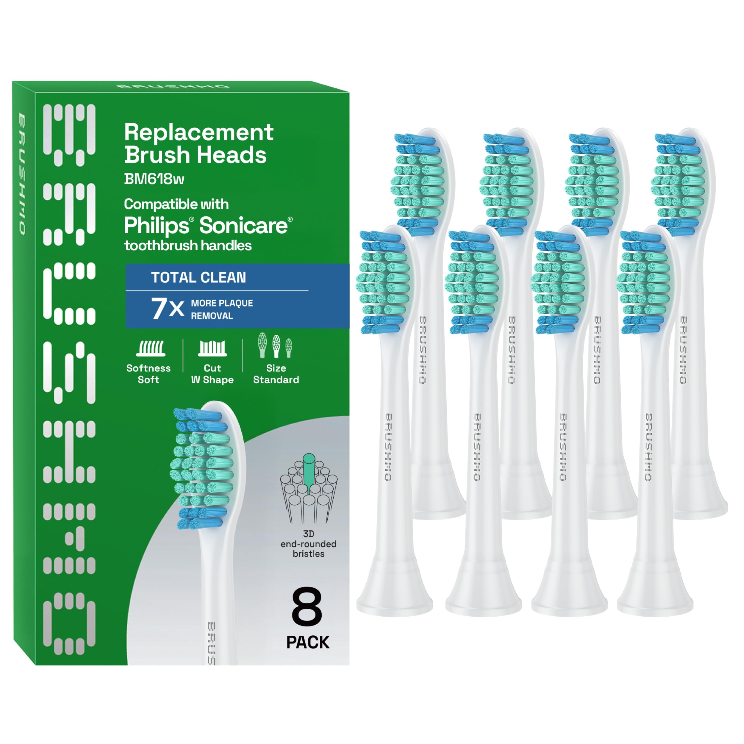 Brushmo Total Clean Replacement Toothbrush Heads, Compatible with Philips Sonicare Click-on Electric Toothbrush Handles, 8 Standard Replacement Heads, Soft Dupont Bristles, BM618, White