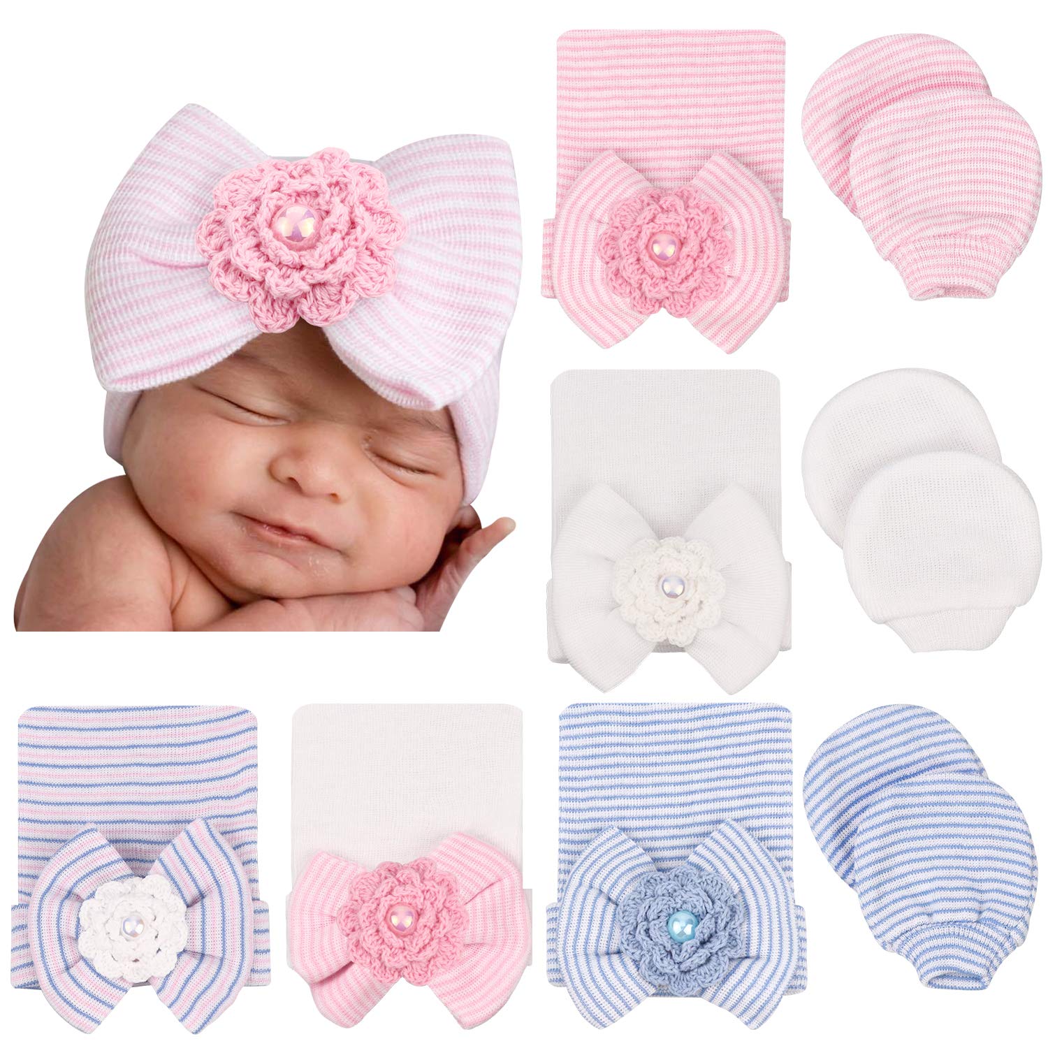 DRESHOW Guanti Neonato Cappellini Neonata Cotone - 3 Paia Guanti per Neonati e 5 Pezzi Berretti per Neonati, Ragazzi, Ragazze, 0-3 Mesi