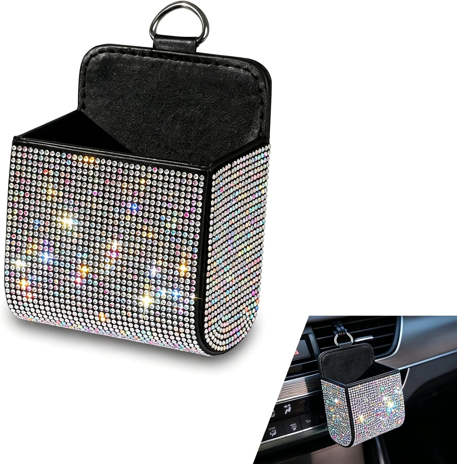 Car Air Vent Storage Organizer, Bling Rhinestone Leather Pouch with Hook, Multipurpose Auto Storage Pocket for Women, Universal Sparkly Car Accessories for Sunglasses, Key, Coin (Colorful)