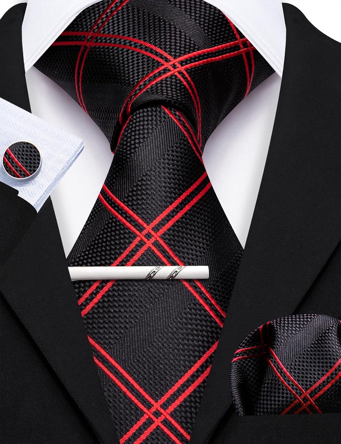 YOHOWA Extra Long Men Tie with Tie Clip Set Solid Plaid Silk Necktie Pocket Square Cufflinks Formal Wedding Party Business