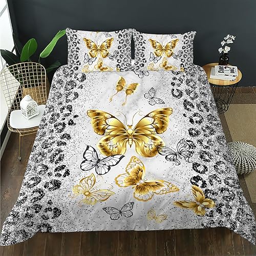 AILONEN Hermoso juego de funda de edredón de mariposa, tamaño Queen, juego de ropa de cama de mariposa dorada, juego de funda de edredón gris
