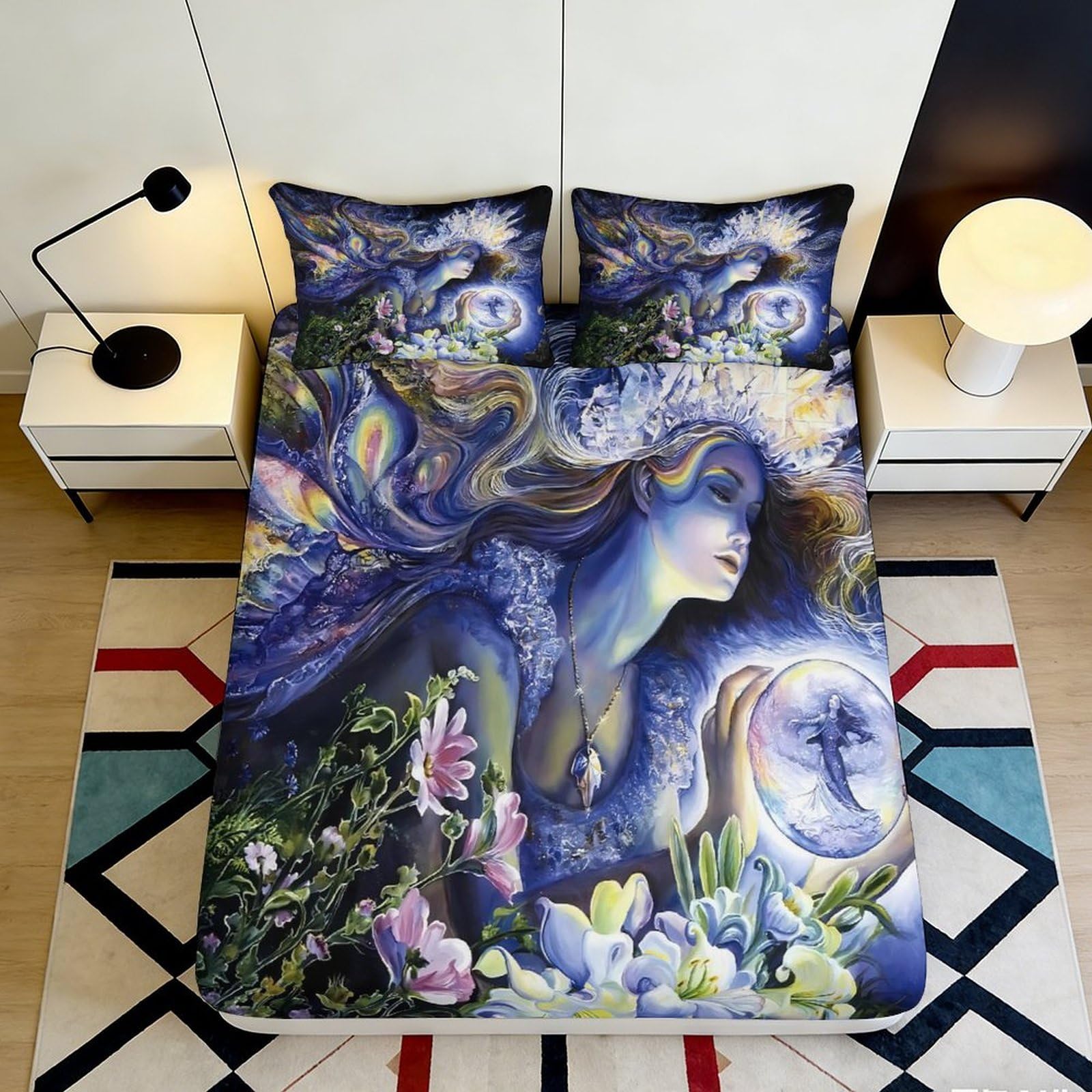 3D Printed Mystic Woman Fitted Sheet Microfiber Soft Durable Celestial Sphere Bed Cover for Bedroom Dormitory Guest Room Protection and Decoration 180x200x25cm