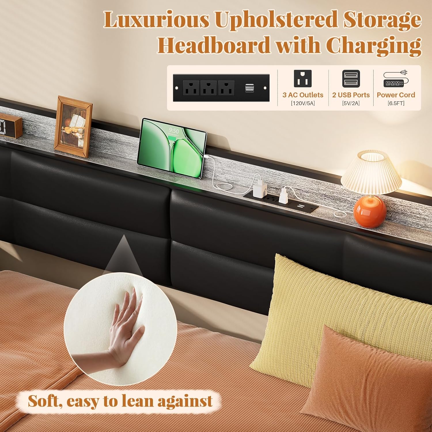 Close-up of the Homieasy Daybed's upholstered headboard with integrated charging station, showing 3 AC outlets and 2 USB ports.