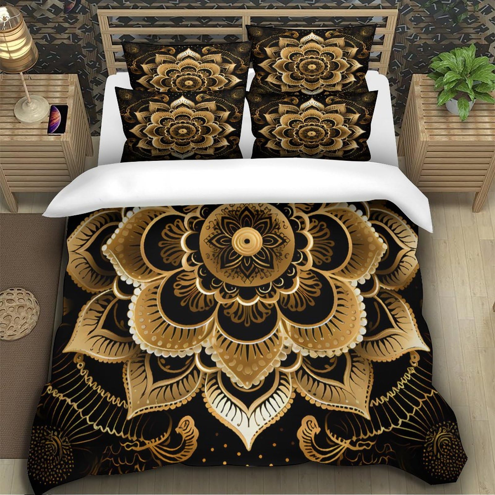 Stampa 3D Golden mandala Fodera copriletto Biancheria per letto Con federa Duraturo Ornate decorative art Rivestimento copriletto Morbido per studenti giovani coppie adolescenti Super king（260x220cm）