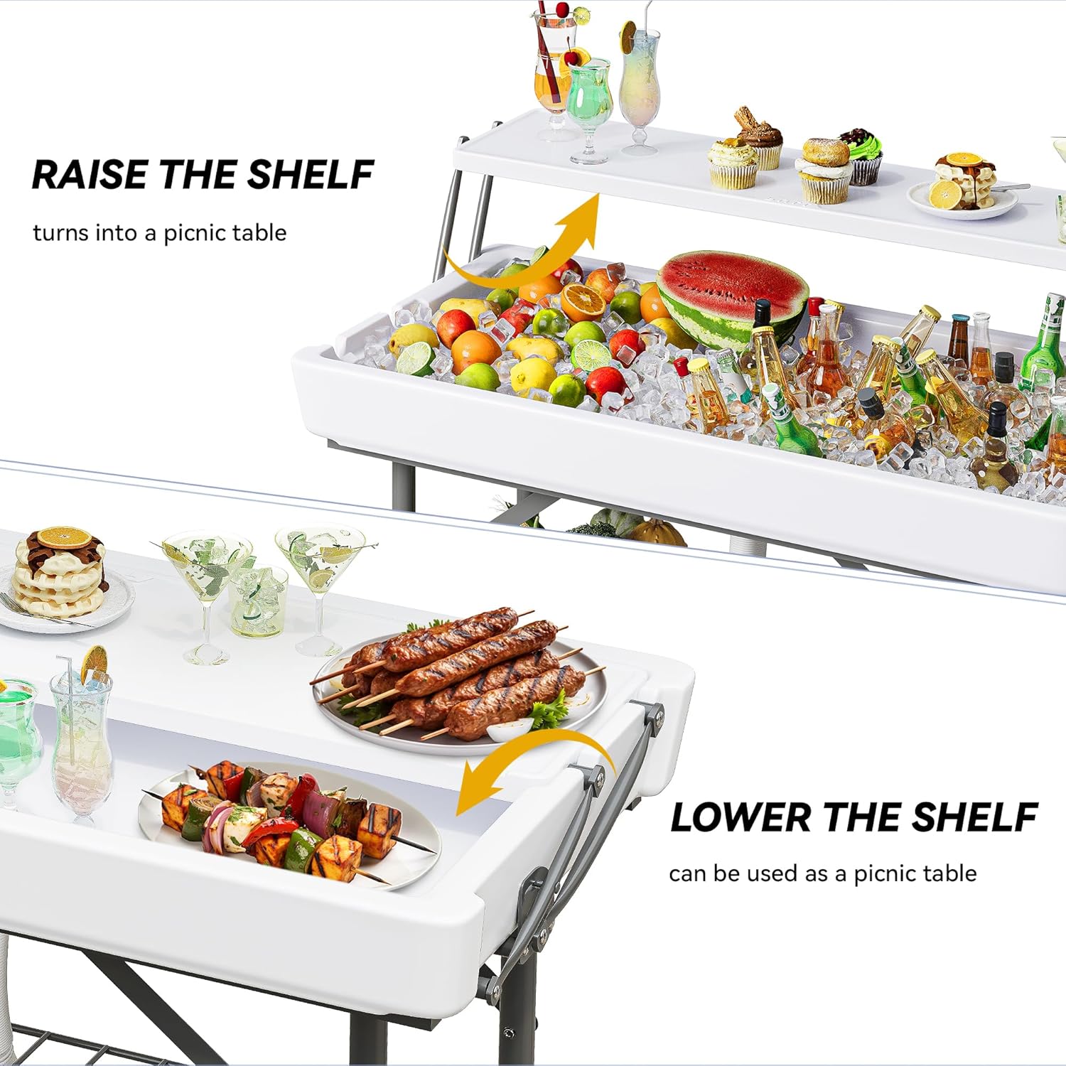 DWVO 4 FT Party Ice Cooler Folding Table, 2 Tier Portable Outdoor Cooler Table with Drain White Detachable Skirt, Ice Folding Table for Party Camping Picnic BBQ Wedding