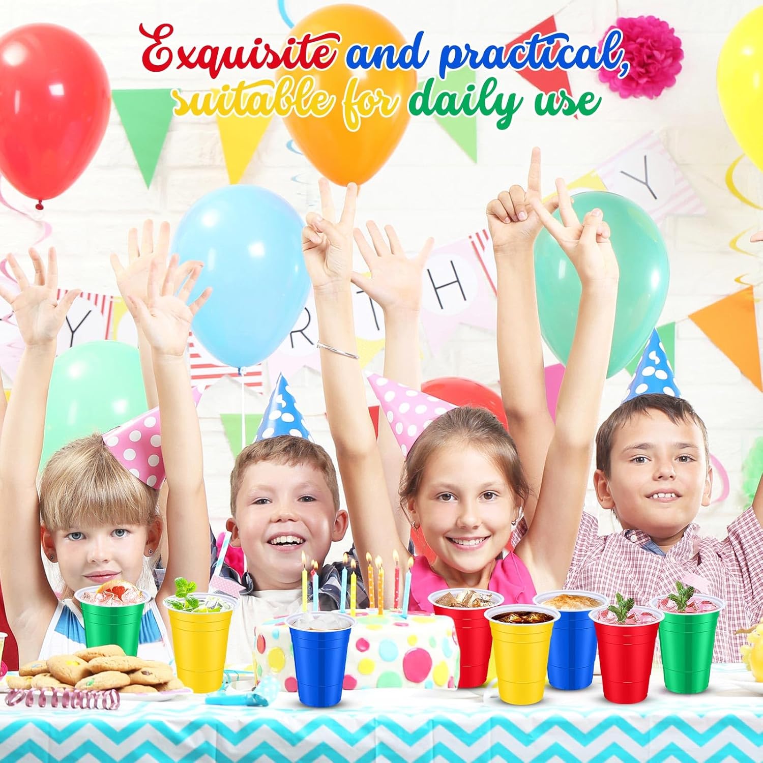 90 Pcs Disposable Plastic Cups Neon Party Supplies 16oz Disposable Plastic Cups Fiesta Matrimony Bachelorette Decorations Birthday Wedding Carnival(Red, Green, Yellow, Blue) - Image 2