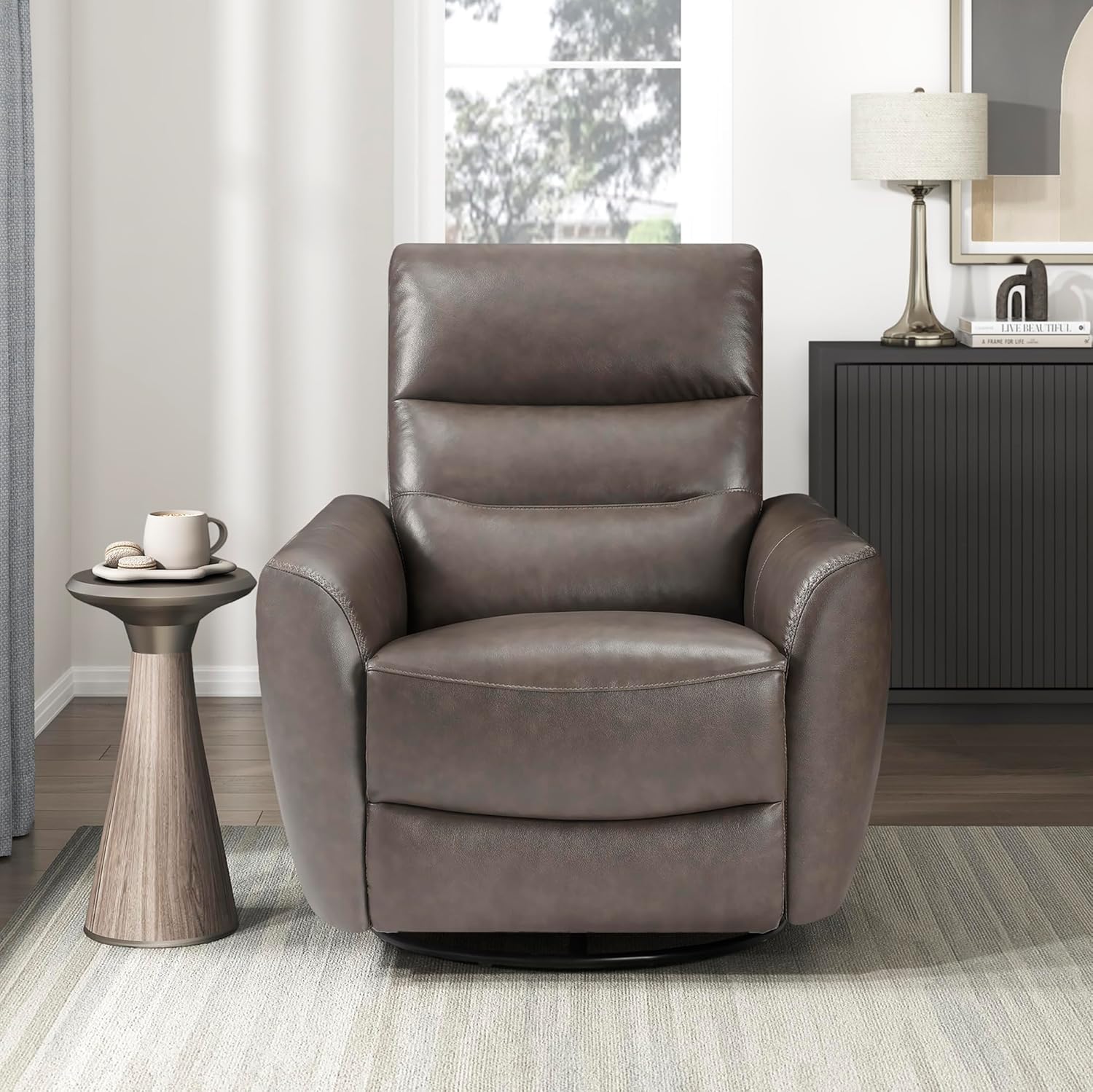 Lexicon 360 Degree Swivel Glider Reclining Chair, Manual Tab Pull Recliner, Leather Match Swivel Glider Recliner with Plush Foam, Sturdy Frame for Living Room/Office/Bedroom, Dark Brown