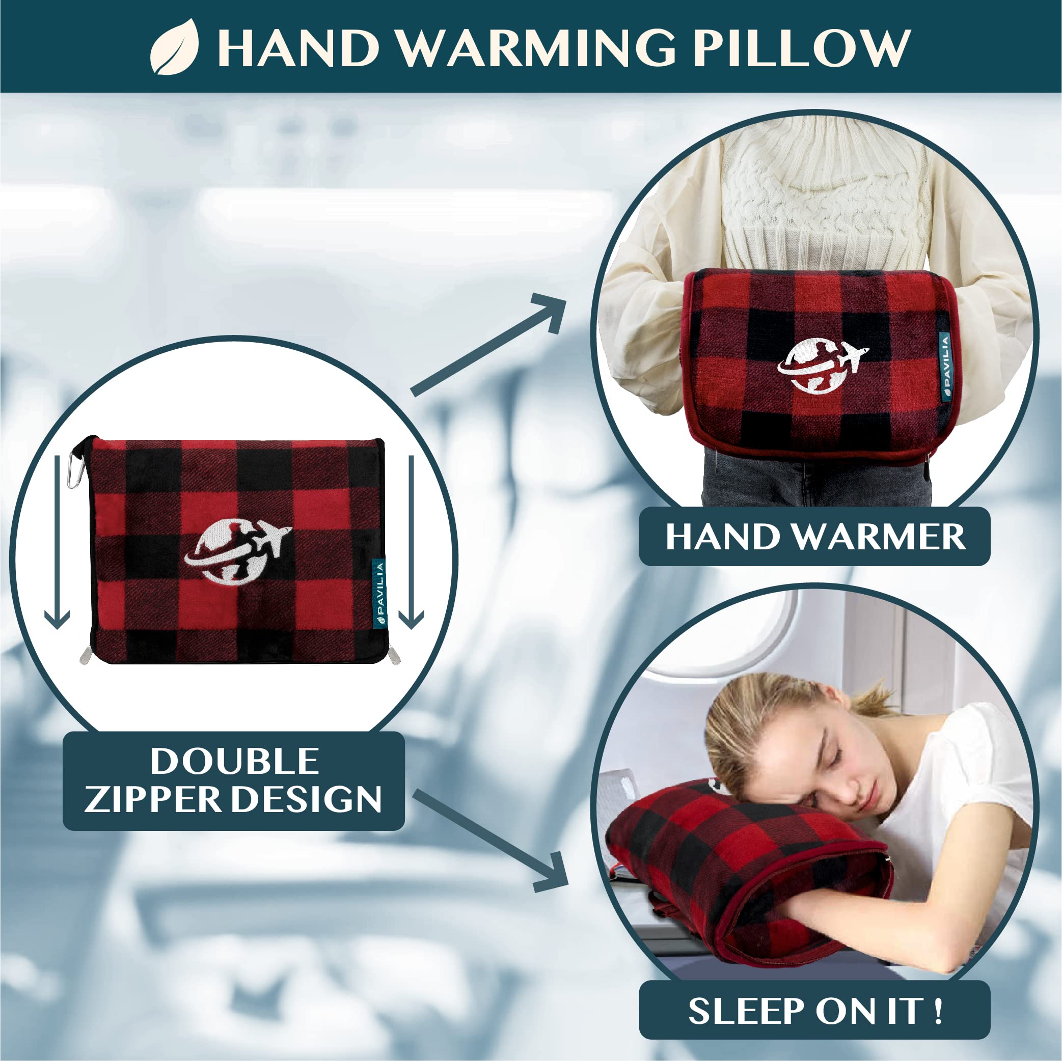 PAVILIA Coperta da viaggio e cuscino, coperta per aereo, per adulti, compatta, con foro per il braccio, borsa 2 in 1 per aereo, auto, campeggio, bagaglio, zaino, regalo da viaggiatore, rosso a scacchi