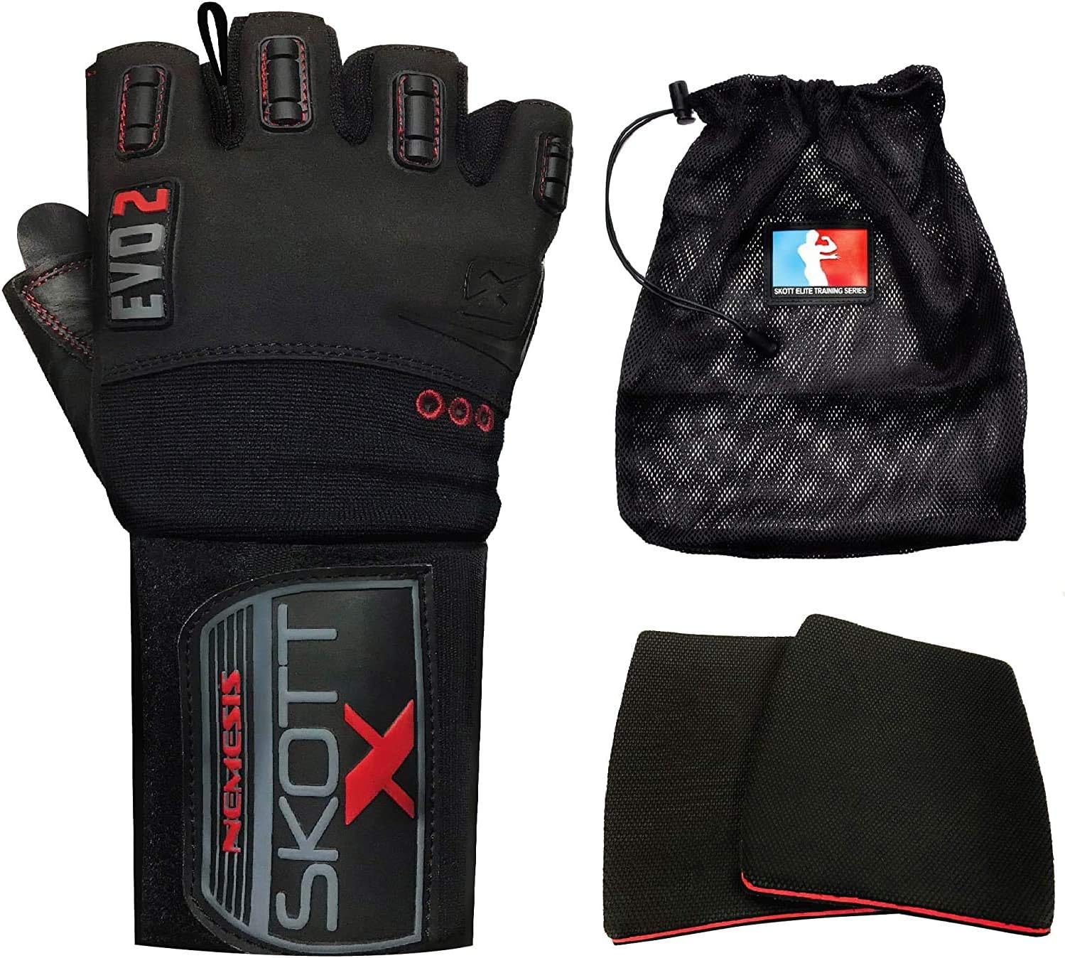 skott Evo 2 X-Edition Weight Lifting Gloves with Storage Bag & 2 Grip Pads - Genuine Leather Padded Workout Gloves for Full Palm Protection - Ultra Durable Gym Accessories for Exercise