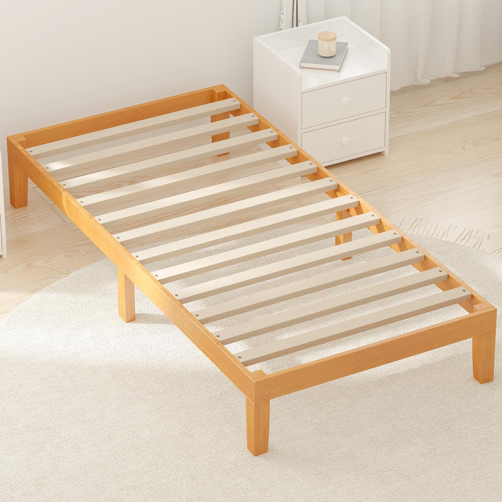DUMOS Wood Bed Frame Twin Size, 12in Wooden Platform Bed Frame Mattress Foundation with Support Slats, No Spring Needed, Storage Space Under Base, Easy Assembly, Pine