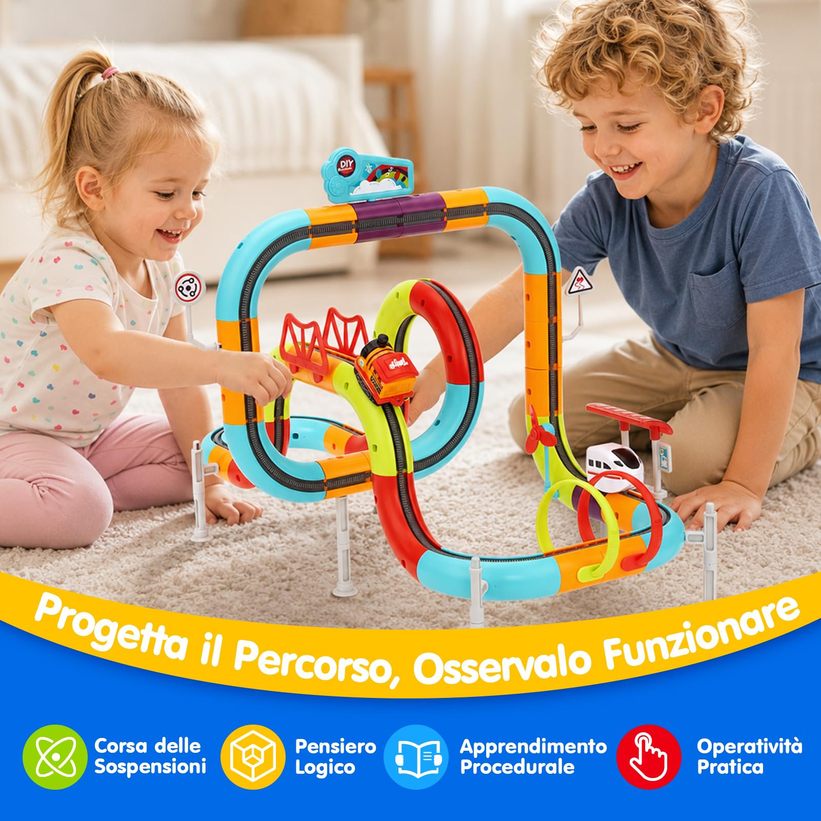 hahaland Pista Macchinine per Bambini 112 PCS, STEM Giochi Bambino 3-6 Anni | 2 Trenino Elettrico, 3D Antigravità Grande Pista, Smontabile e Ricomponibile, Regalo Bambino Maschio