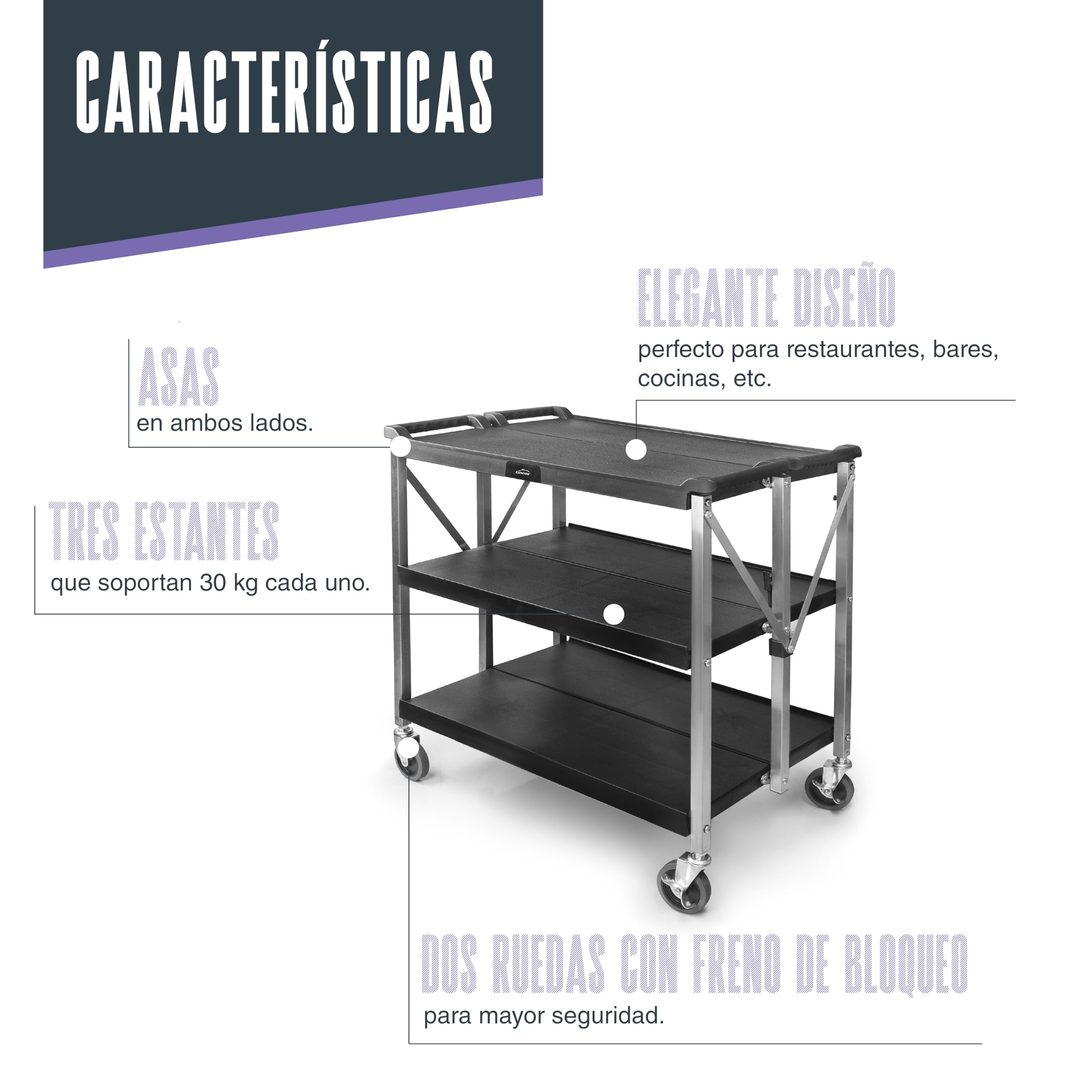 LACOR 66241 - Carro de Servicio Plegable, 3 bandejas, 30 kg/Bandeja | En acero inoxidable, para un uso práctico y profesional en cocina; ideal para cocina profesional y uso diario en casa