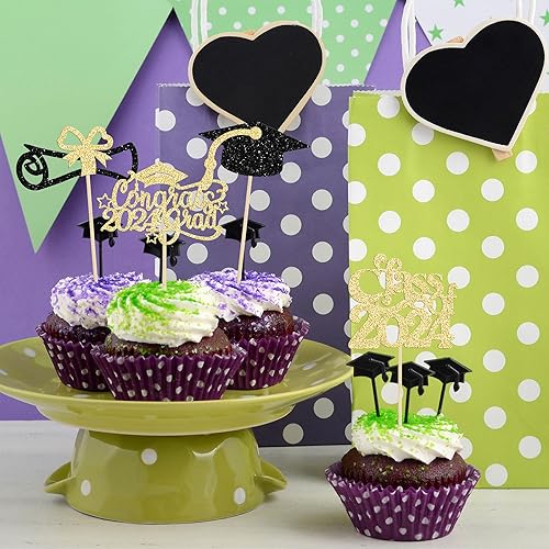 Miniatura 5 de Gyufise 24 adornos para cupcakes de graduación 2024 con purpurina dorada para la clase de 2024, decoraciones para tartas, diploma de felicitaciones,