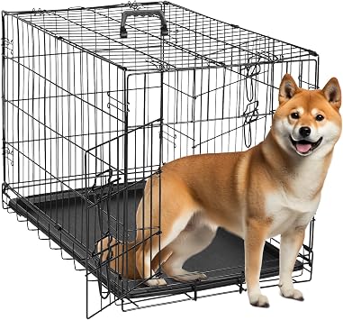 30-Inch Foldable Metal Wire Dog Crate, Collapsible Double Door Dog Crate with Removable Leak-Proof Pan, Divider Dogs Crate with Handle, Black