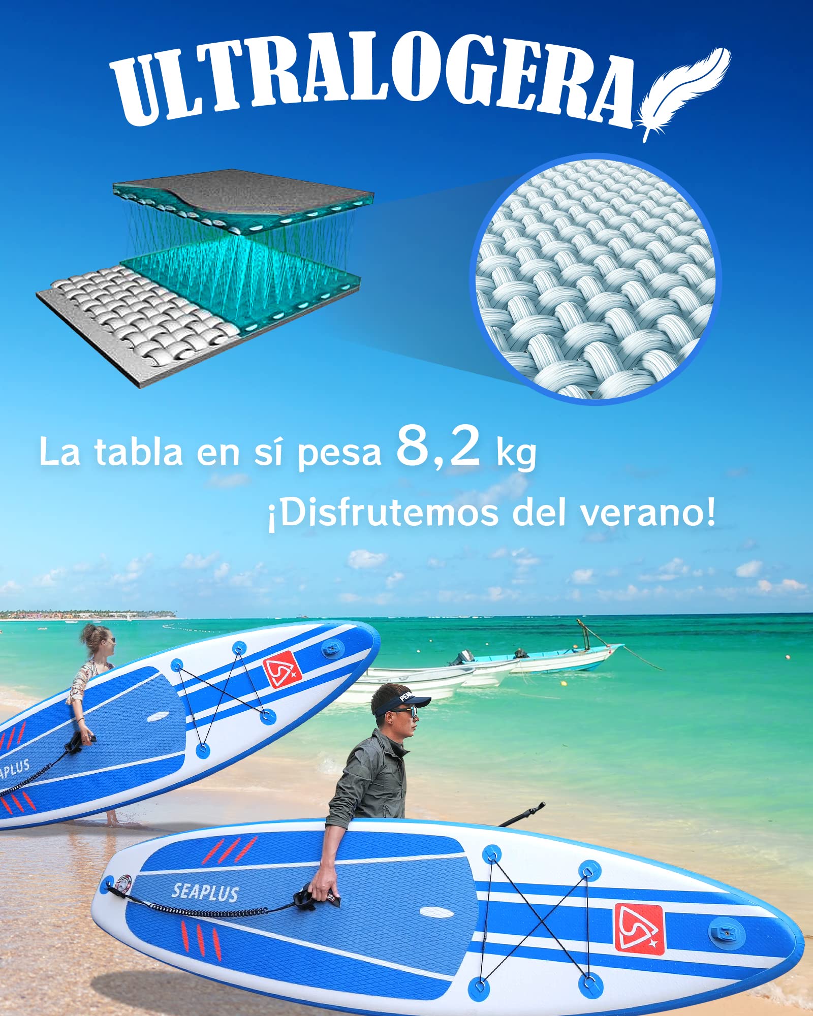 SEAPLUS Tabla de Paddle Surf Hinchable Tabla Stand Up Paddle Board Rígida con Accesorios de Remo de Aluminio/Inflador/Leash/Mochila, Carga hasta 130 Kg, L-BN 10’8”*32”*6”
