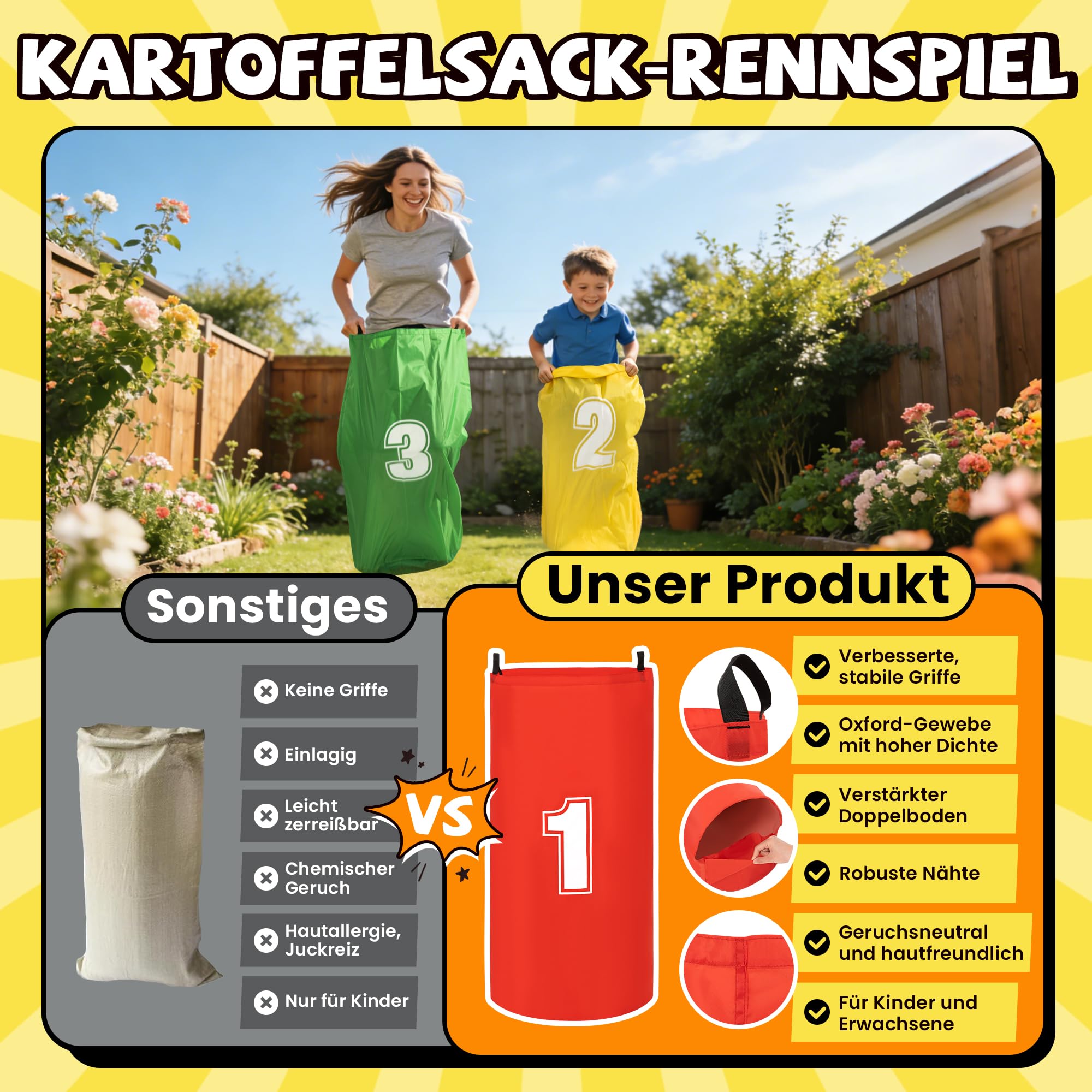 ROPODA Outdoor Spiele für Kinder, 57-teiliges Gartenspielzeug Kinder Erwachsene, Outdoor Spielzeug, Kunststoffkegel, Sitzsäcke, Ringwurfspiel, Eierlauf-Set, Sackhüpfen Säcke, 3Bein Rennen
