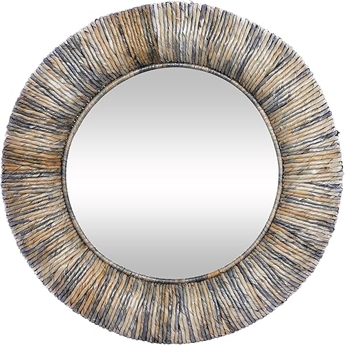 Deco 79 Espejo de pared redondo de madera de teca con marco en espiral, 35 x 3 x 35 pulgadas, gris