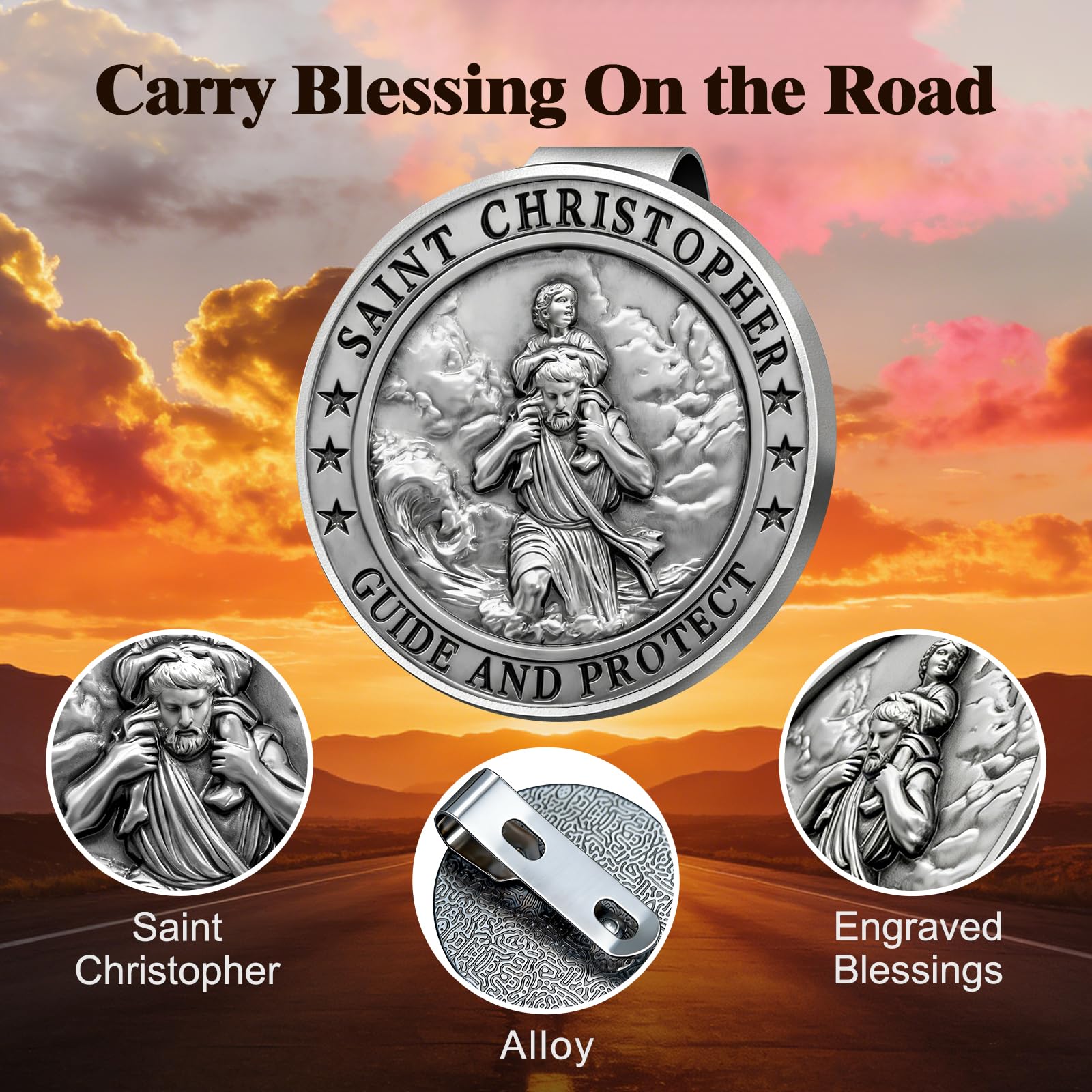 Saint Christopher Medal for Car Metal St Christopher Car Visor Clip Gifts for Catholic Men Talisman for Safety — view 5