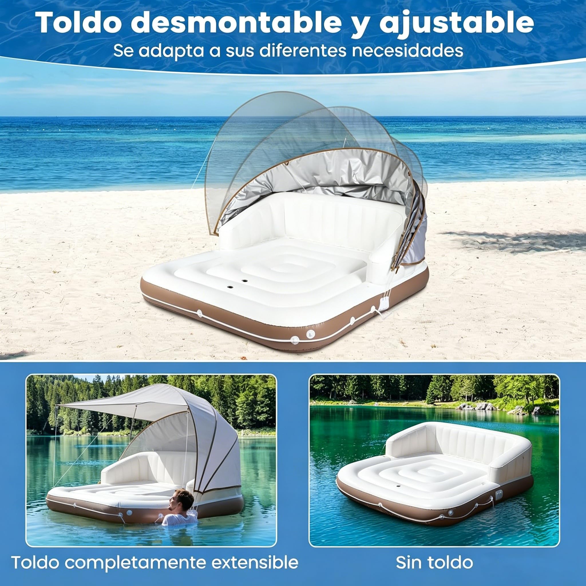 GYMAX Flotador Hinchable Grande para 2 Personas, Isla Flotante Inflable con Toldo Solar Desmontable y Ajustable (UPF 50+), 2 portavasos, Colchoneta Hinchable para Piscina y Playa, Carga de 200 kg