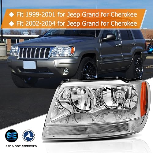 Miniatura 2 de Conjunto de faros delanteros para Jeep Grand para Cherokee 1999-2004, carcasa cromada, reflector ámbar, lente transparente, faro delantero lateral