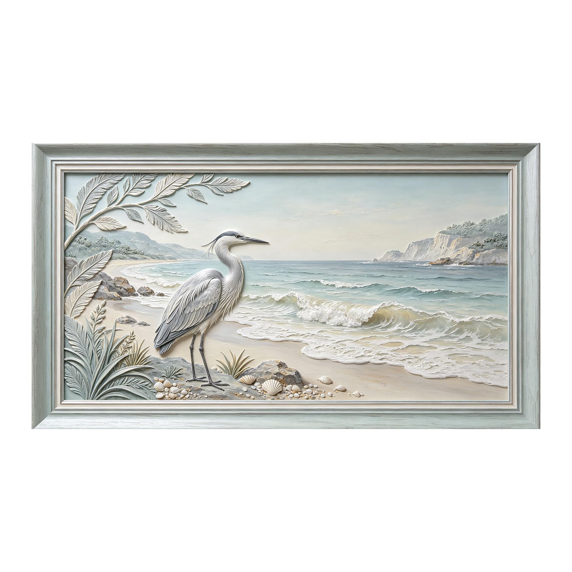 Murasolite 3D Framed Wall Art Coastal Beach Seascape Heron Relief Effect Oil Painting SelfAdhesive Fabric Mural Wall Decor,No Damage to Wall,AntiFall Safe Design for Bedroom Living Room
