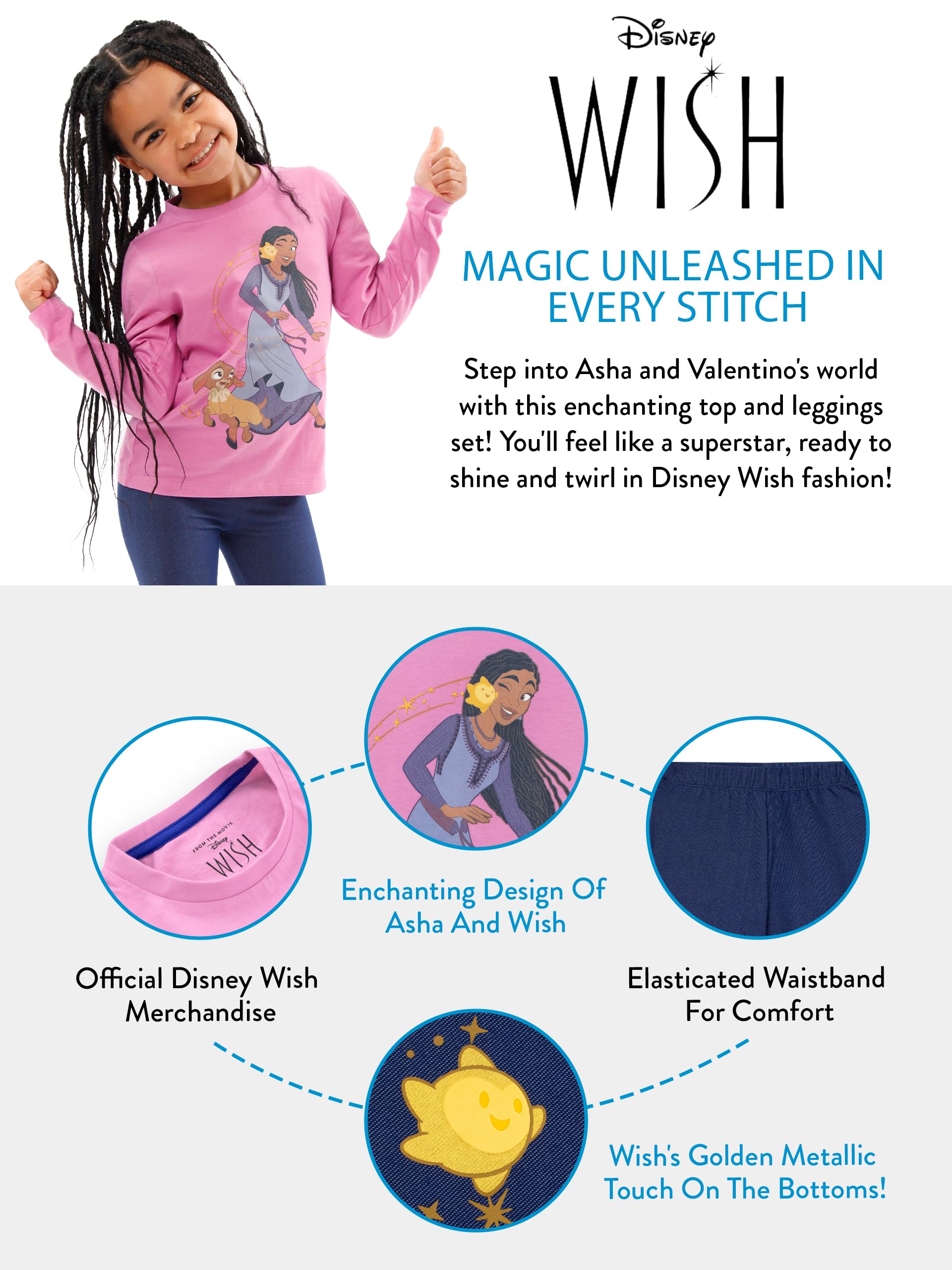 Disney Wish Dziewczęcy Komplet Bluzy i Legginsów | Zestaw Asha i Wish | Stroje Dziewczęce i Komplety Odzieżowe | Różowy | 104