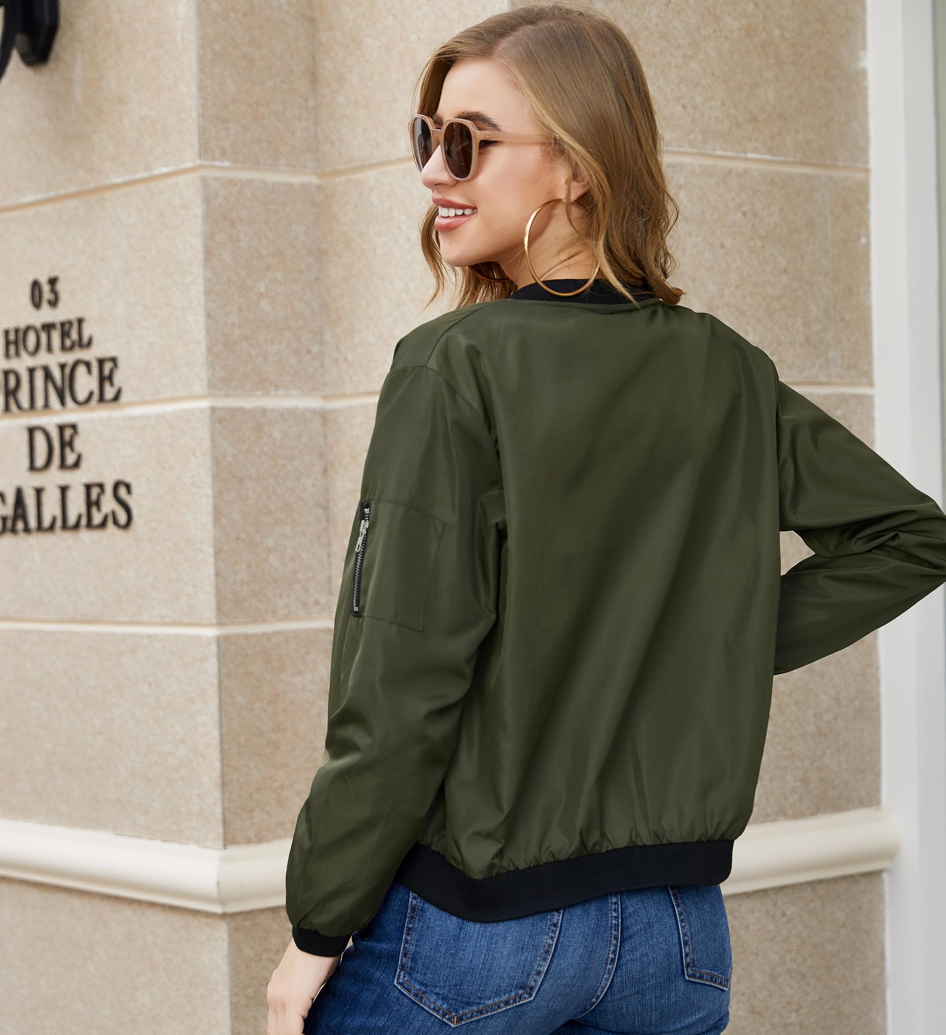 Zeagoo Veste Bomber Femme Blouson Court Décontracté Pilote à Manches Longues Zippé Manteau Léger Sweatjacke
