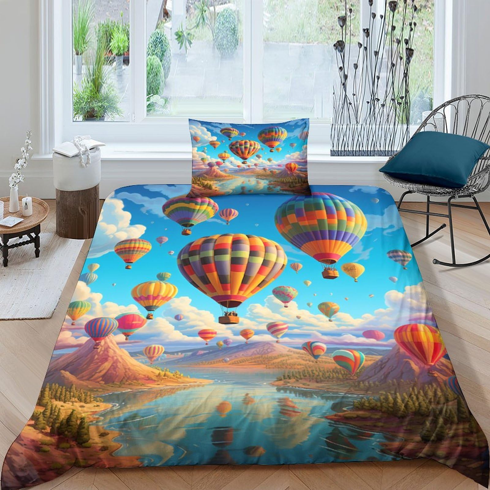 Housse de couette montgolfière 3D 135x200cm avec 2 taies d'oreiller