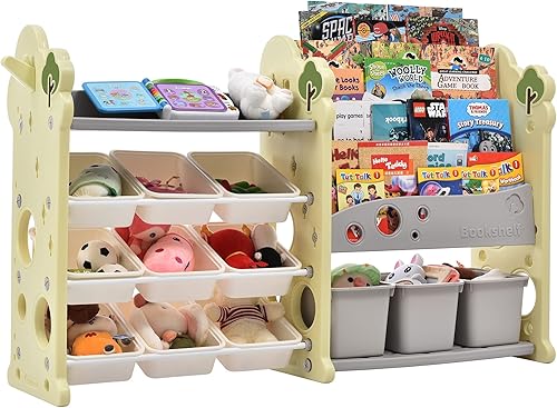 Hirolulu Estantería organizadora de juguetes para niños con 12 contenedores y 4 estanterías, organizador multifuncional para guardería, juego de