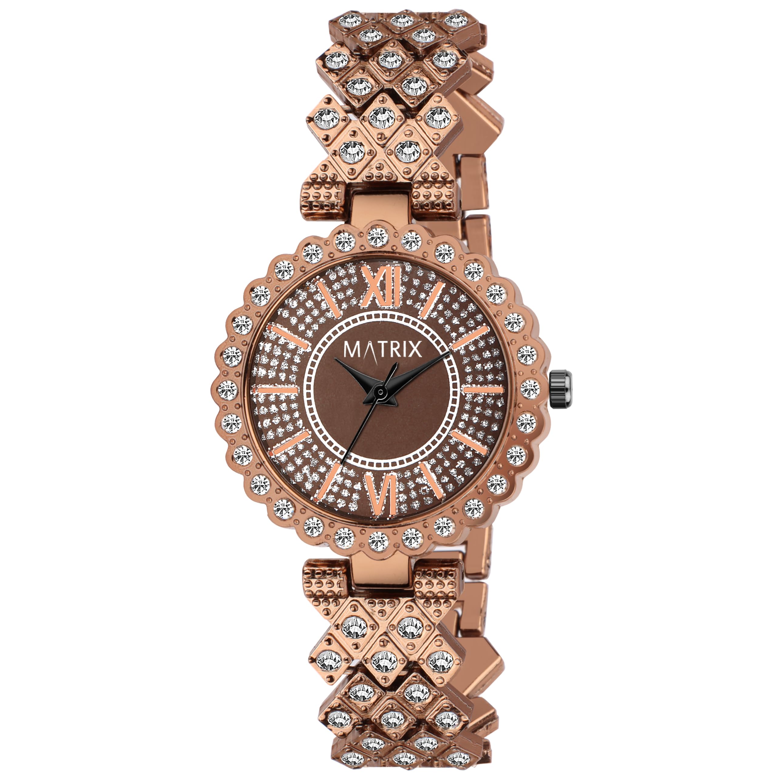 Matrix Stainless Steel Daisy Collection | Roman Dial with Designer Stone Studded Bracelet Chain Analog Watch for Women & Girls (Copper), Dial Color-Rose Gold, Band Color-Brown (B0D2XRM7V3) Amazon Price History, Amazon Price Tracker