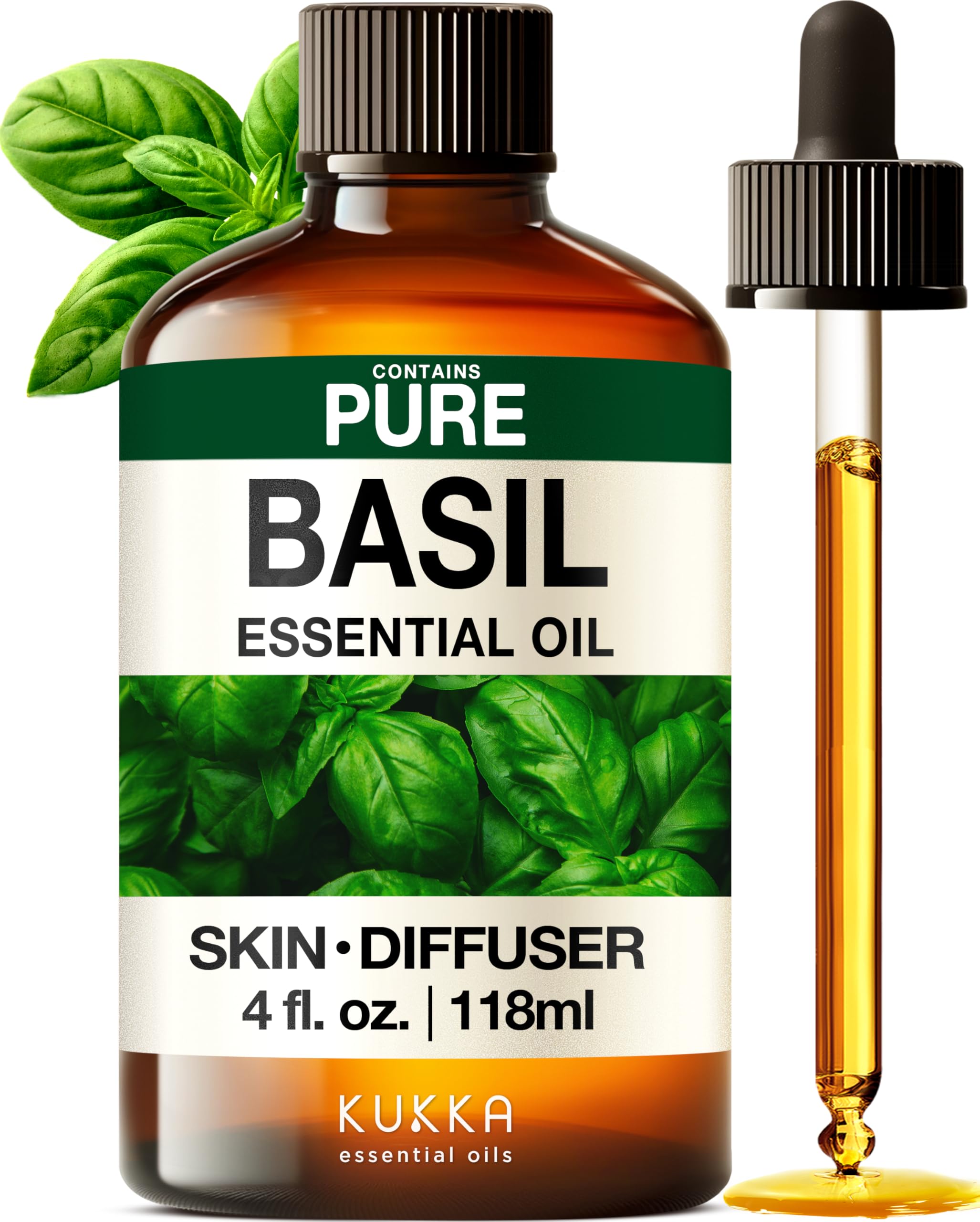 Kukka Basil Essential Oil for Diffusers - 4 Fl Oz - Basil Oil for Skin & Aromatherapy Scent Massage Candles, DIY Soap Making ScentsClimatePartner certified