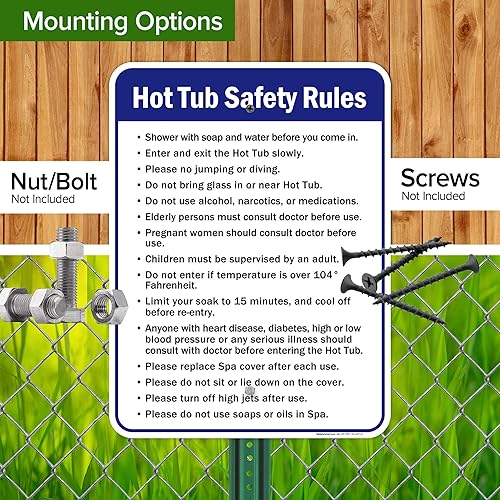 Vista 13 de Letrero de reglas de seguridad para bañera de hidromasaje, 10 x 14 pulgadas, libre de óxido, aluminio 040, resistente a la decoloración, fabricado