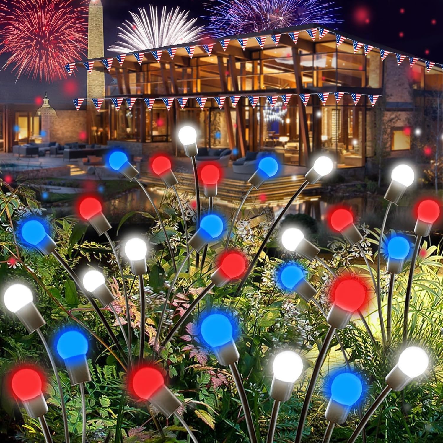 4th of July Decorations Outdoor, 8 Pack Red White and Blue Solar Garden Lights 48 LED, Solar Firefly Lights Outdoor Waterproof Patriotic Light for Independence Day,National Day Garden Yard Decoration