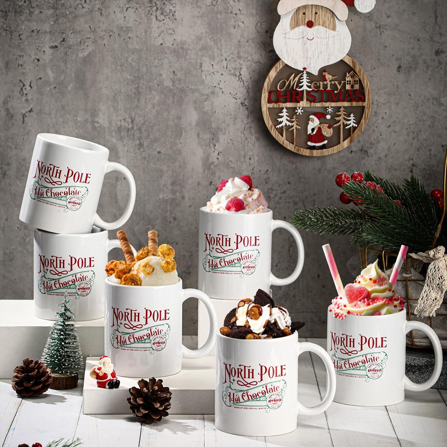 Yaomiao 8 Pcs North Pole Mug Hot Chocolate Mug Christmas Coffee Cup Christmas Gifts Santa Xmas Ceramic Cups with Handle for Women Men Team Employee Teacher Nurse
