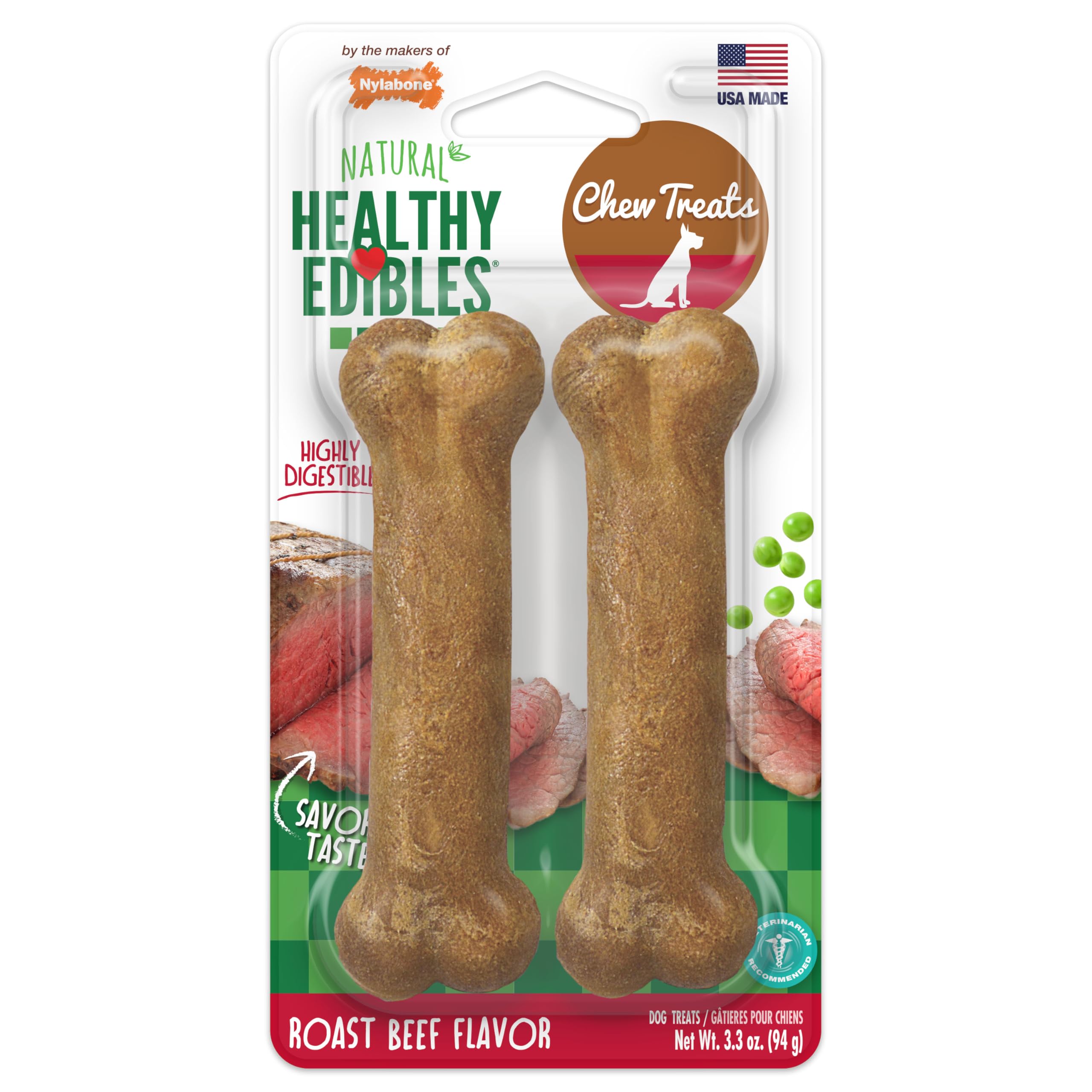 Nylabone Healthy Edibles Natural Dog Chews Long Lasting Roast Beef Flavor Treats for Dogs, Small/Regular (2 Count)