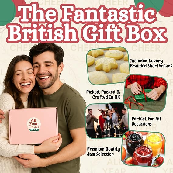 ALL YEAR CHEER Luxury Biscuits & Jam Gift Box – Border Biscuit Twin Packs with Blackcurrant, Strawberry & Orange Marmalade Jams – Premium British Treat Hamper