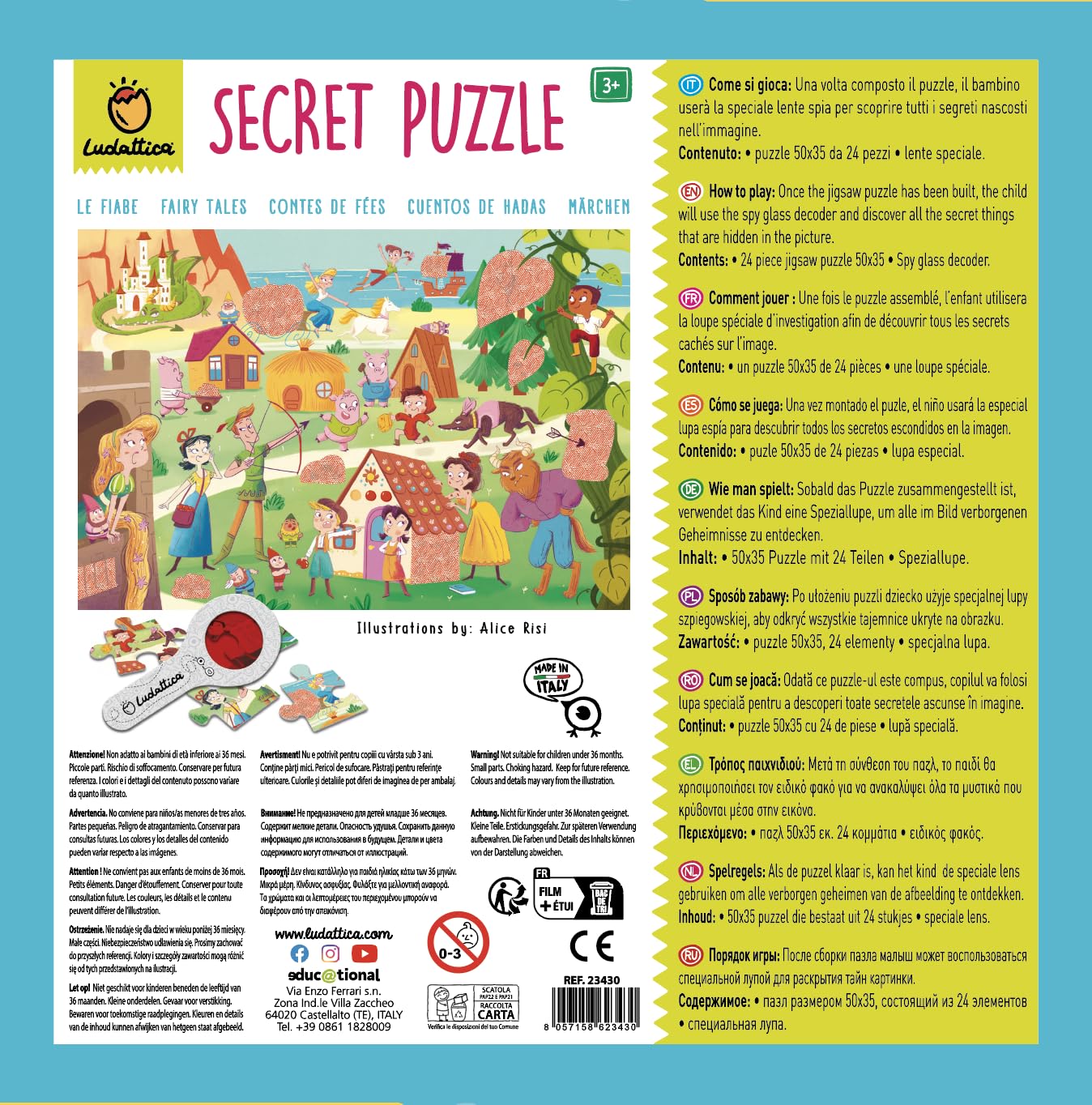 Ludattica - Geheimes Puzzle, 24 Maxi-Teile | Format 50 x 35 cm | mit Spion-Linse im Lieferumfang enthalten | Märchenfiguren | Lernspiel für Kinder ab 3 Jahren | Made in Italy